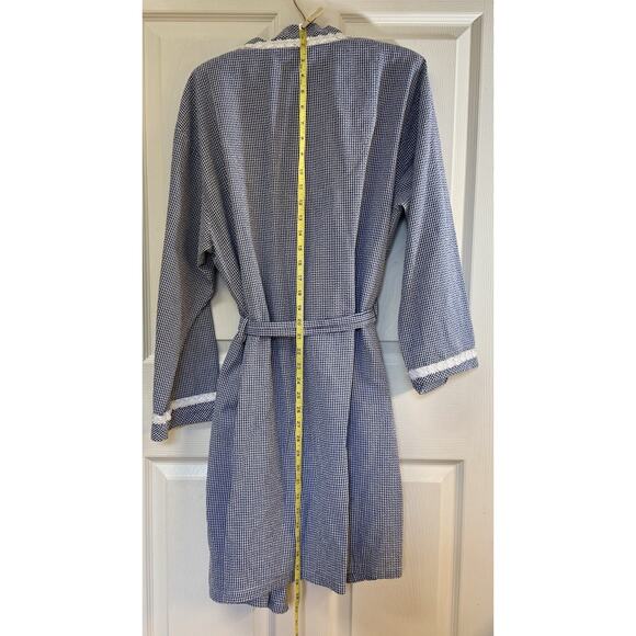 EILEEN WEST BLUE WHITE Gingham CHECK Lightweight SHORT Womens M WRAP ROBE - Picture 2 of 15